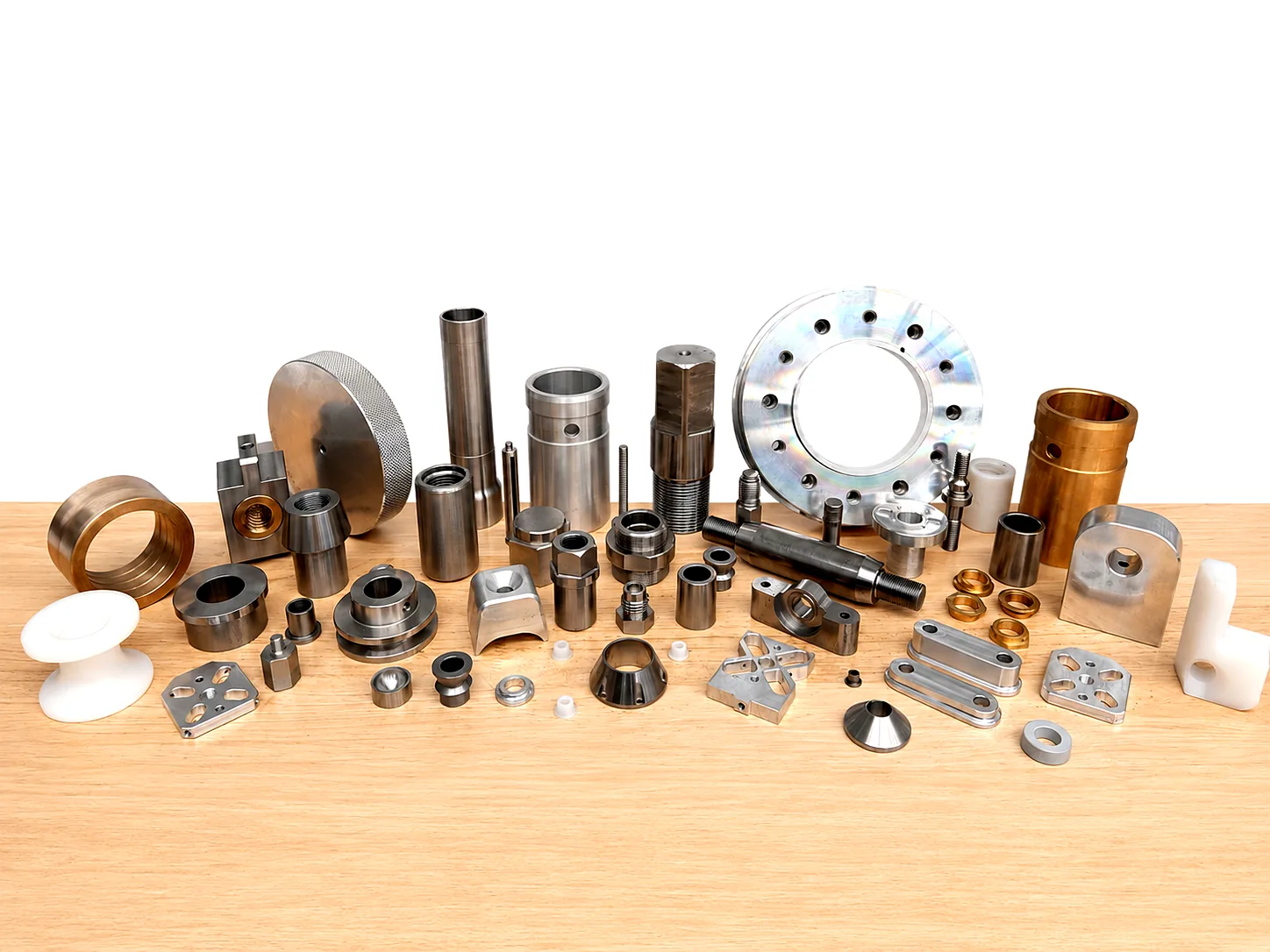 Precision CNC-machined components showcase — stainless, aluminium, brass and nylon parts, Padco Engineering