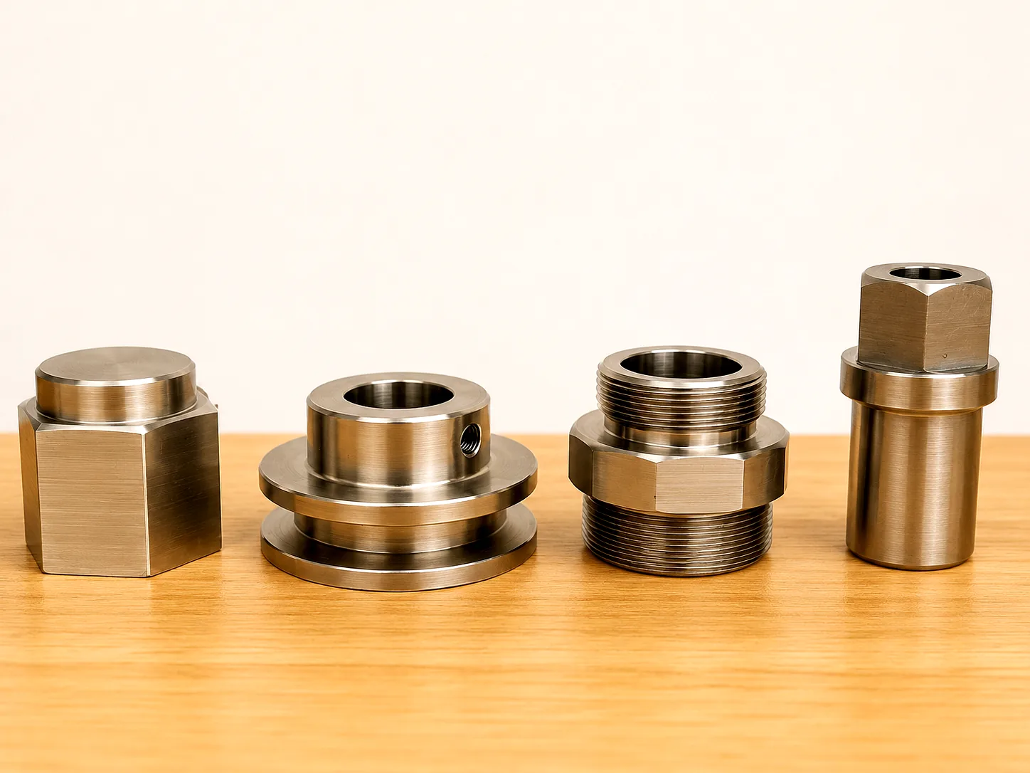 Stainless steel CNC turned fittings — hex plug, flanged bush, threaded adaptor and socket, Padco Engineering